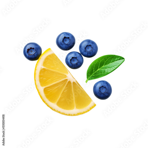 Sliced lemon with ripe blueberries and leaf on transparent background