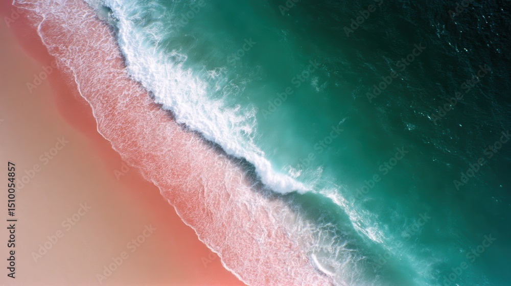 Fototapeta premium Breathtaking aerial view of a pink salt shoreline blending seamlessly into a vibrant teal ocean under bright midday sun
