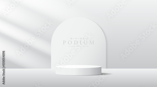 3D product Minimal display stand, white circle on grey background. Abstract geometric shapes in a simple design. Fashion stage mockup scene. Studio product display stand. Product advertising stand