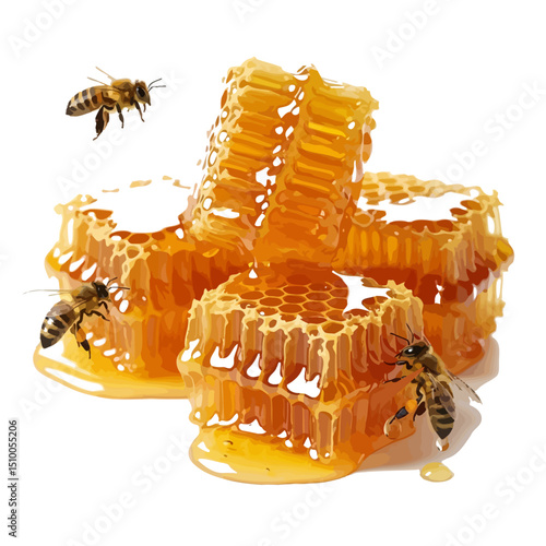 Close up shot of honeycombs with honey dripping and three bees on a white background in studio light