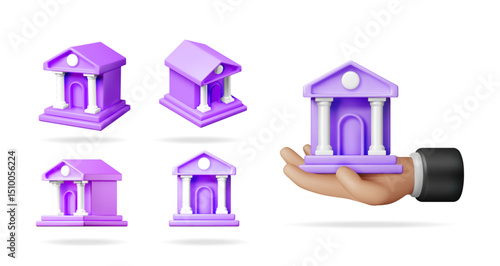 Collection of 3d purple bank building icons and a hand holding a bank house. Banking and finance concept. Investment and savings theme.