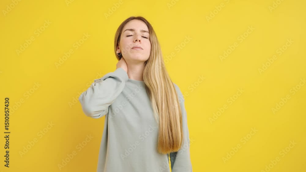 Young woman massaging neck on yellow background Young woman massaging neck on yellow background
