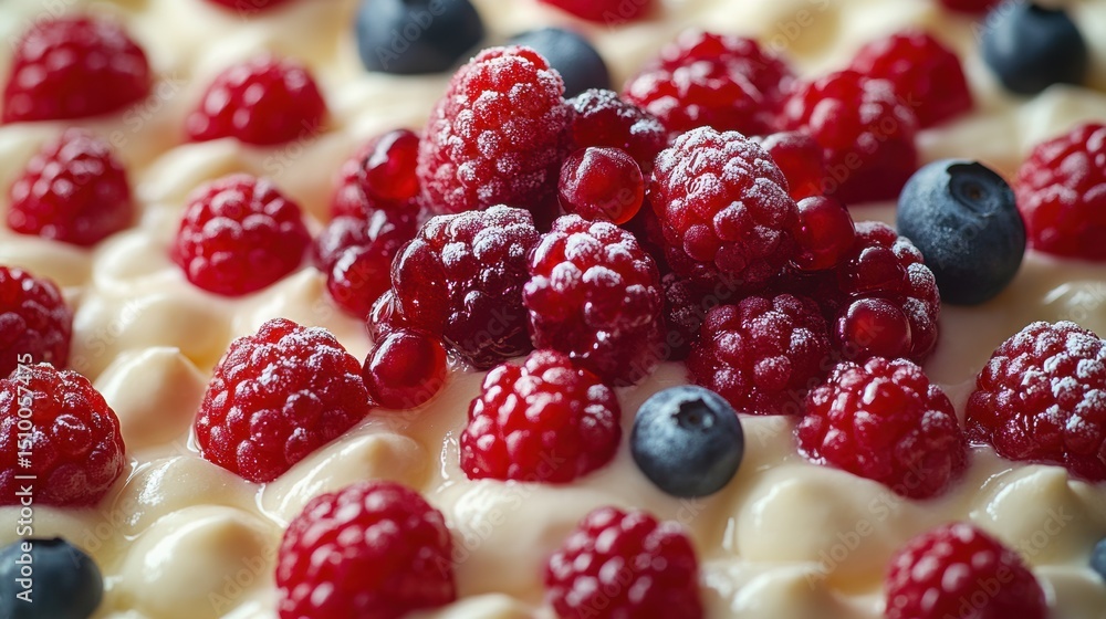 Refreshing dessert with fresh raspberries and blueberries on white cream base artistic photography Refreshing dessert with fresh raspberries and blueberries on white cream base artistic photography