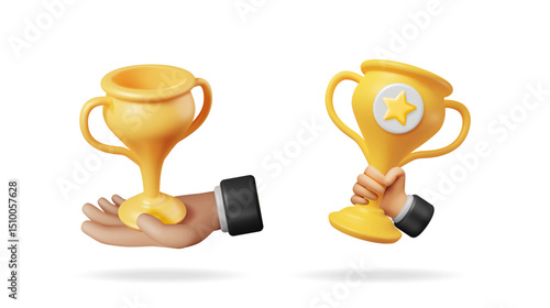 Man hand holding golden trophy, celebrating triumph. Award cup on palm with star icon. Win, success, victory concept. 3d vector illustration collection.