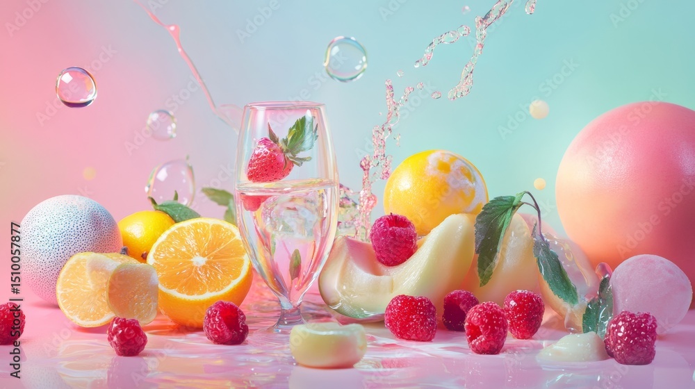 custom made wallpaper toronto digitalColorful fruit drinks and summer ice cream scoops on pink pastel table with light splash