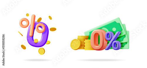 3d vector zero percent sign with flying coins and cash money notes. Financial discount concept for loan, credit promotion.