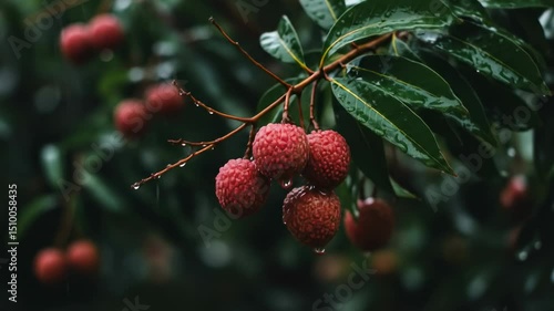 Lush lychee fruits hanging from a vibrant green branch, glistening with raindrops in a tropical garden setting - lychee on tree