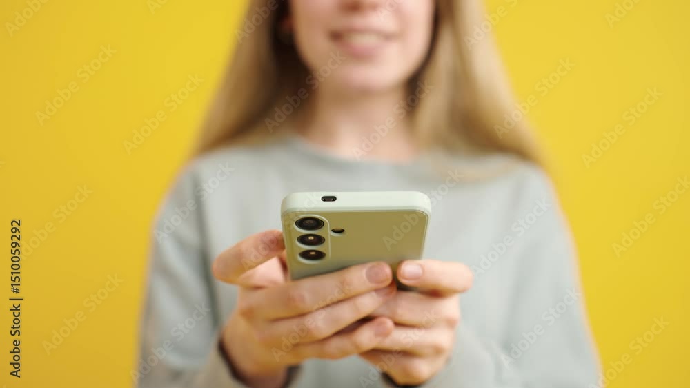 Woman using smartphone on yellow background Woman using smartphone on yellow background