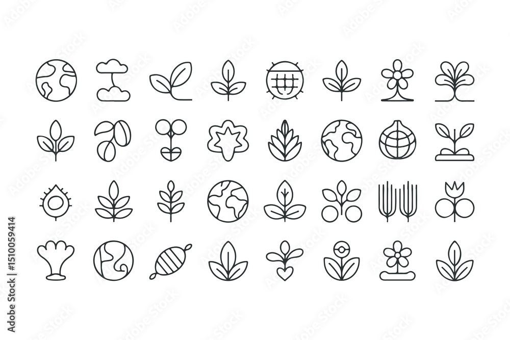 Fototapeta premium Seamless pattern showcases diverse nature icons with black lines on a white background