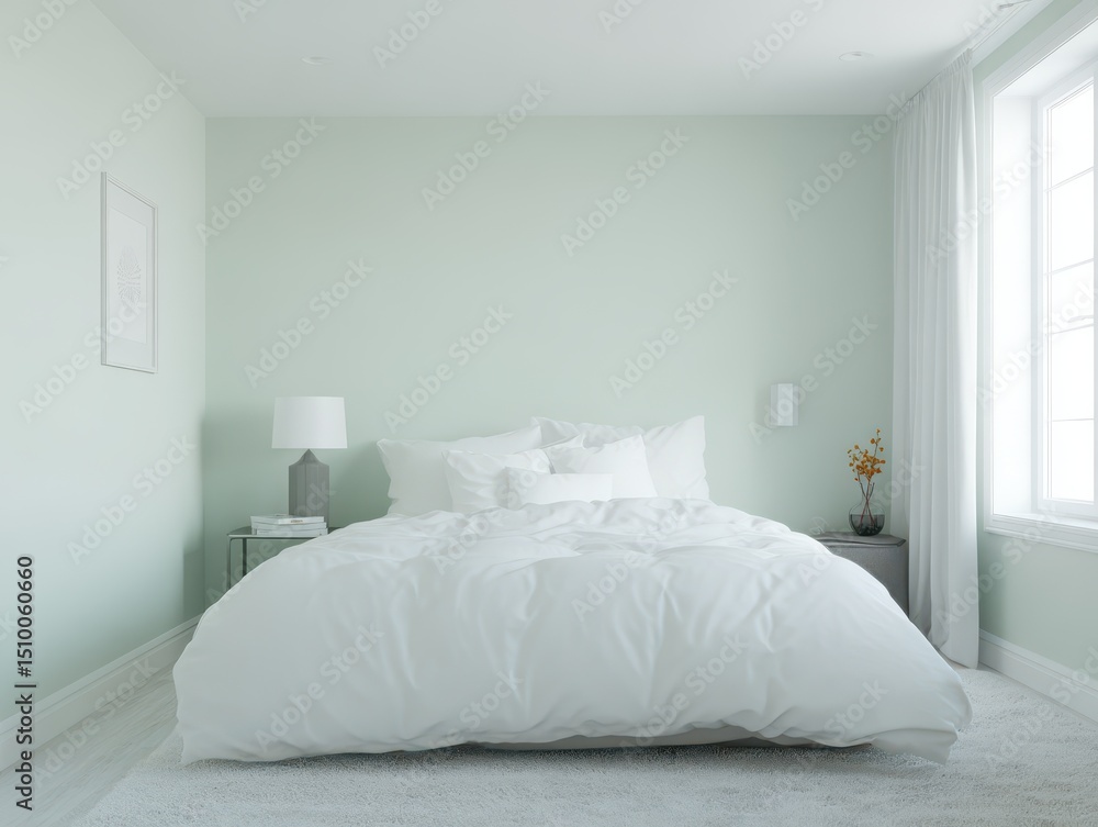 Pale mint green bedroom with a white bed. Pale mint green bedroom with a white bed.