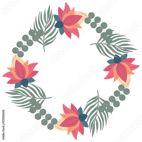 Jungle-inspired round frame decorated with tropical leaves and lush foliage, lotus. Perfect for invitations, covers, banners, and greeting cards. Vector tropical nature scene
