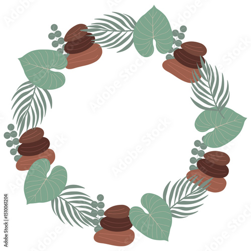 Circular jungle-themed frame featuring tropical leaves, lush foliage, and massage stones. Ideal for invitations, covers, banners, and greeting cards. Vector tropical scene
