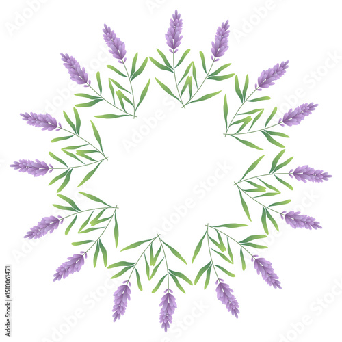 Green round frame with decorative foliage and flowers lavender. Abstract botanical illustration ideal for banners, greeting cards, and invitations. Vector artwork