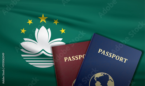 Macau Passport with flag of Macau Background	