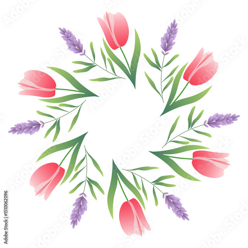 Green round border featuring elegant foliage, lavender, and tulips. Artistic botanical vector suitable for banners, greeting cards, and invitations