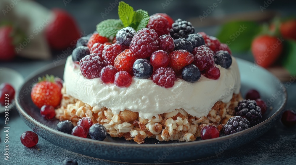 Delicious berry pavlova topped with fresh whipped cream and a sprinkle of powdered sugar close up Delicious berry pavlova topped with fresh whipped cream and a sprinkle of powdered sugar close up