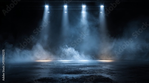 The dark stage shows, empty scene background, neon light, and spotlights The asphalt floor and studio room with smoke float up the interior texture for display products.