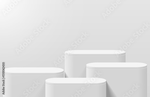 Abstract realistic white 3d round podium for product display in light room shining from left corner. Minimal wall scene for product display mockup. Vector geometric platform. 3d stage vector rendering