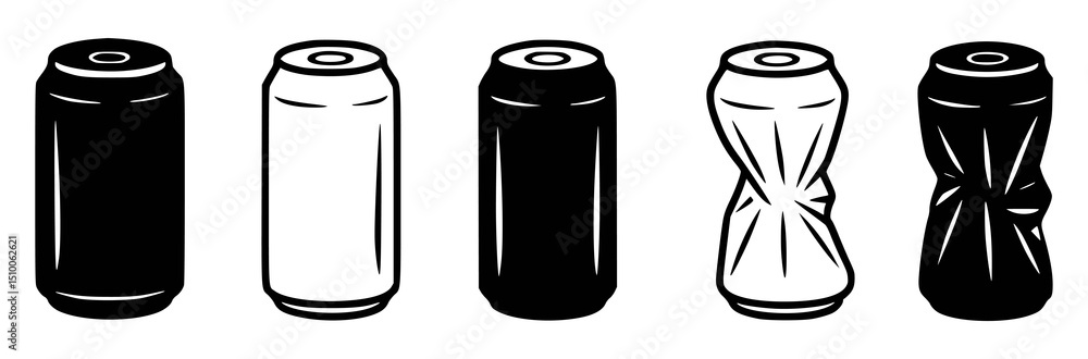 Cans in various conditions black and white vector illustration