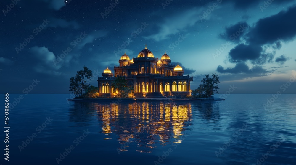 Obraz premium Mysterious illuminated castle reflects in waters near a rocky shore at dusk in a serene landscape