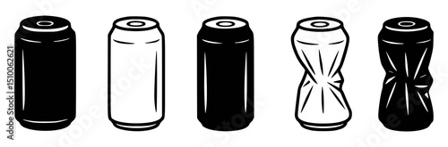 Cans in various conditions black and white vector illustration