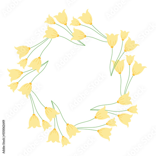 Yellow circular frame with ornamental tulips. Abstract botanical vector design suitable for greeting cards, banners, and invitations