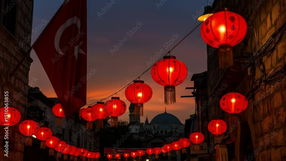 Red lanterns and turkish flag in city street Red lanterns and turkish flag in city street