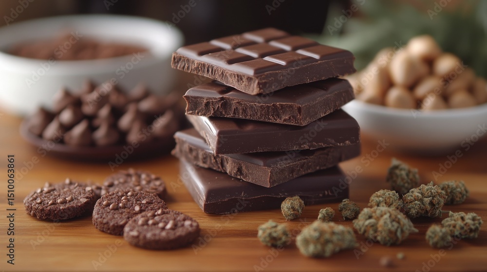 Chocolate Stack, Cookies, Cannabis, and Nuts on Wood Chocolate Stack, Cookies, Cannabis, and Nuts on Wood