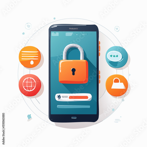 Secure Mobile Phone Enhanced Privacy and App Protection with Minimalist Vector Illustration