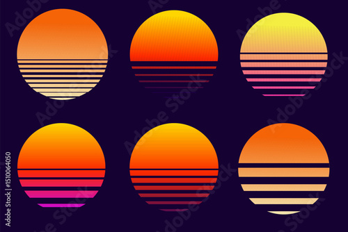 Retro vaporwave sun futuristic sunrise. Cyberpunk geometric planet. Synthwave vintage. Sun circle retrowave abstract.