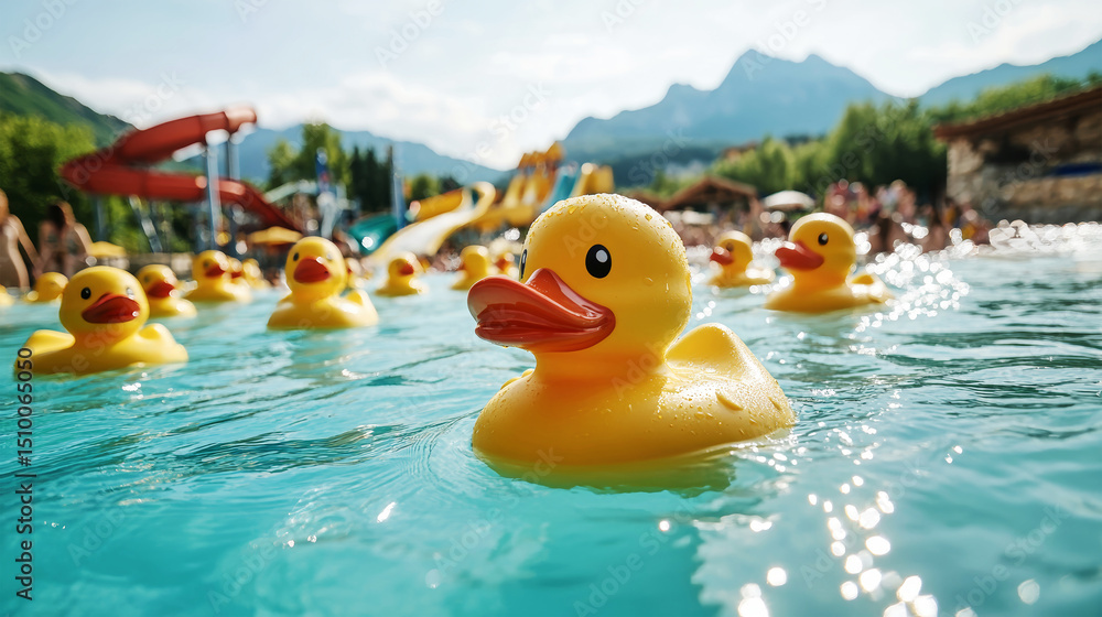 Rubber ducks float in water park pool with slides and mountains under sunny summer sky Rubber ducks float in water park pool with slides and mountains under sunny summer sky