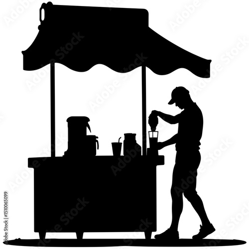 Silhouette of juice stand worker blending drink, black and white street refreshment
