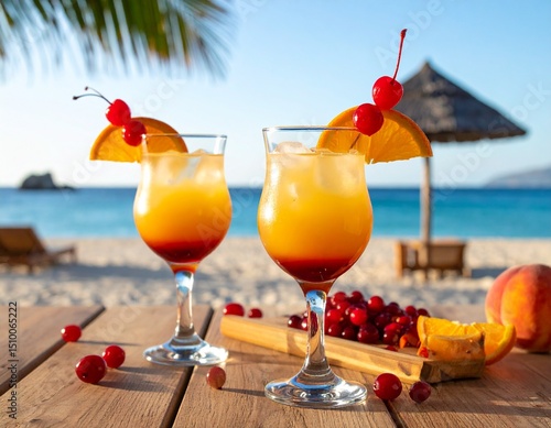 Vodka with peach schnapps and cranberry juice. Classic beach cocktail. Garnish with cocktail cherries and orange slices.
