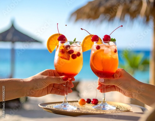 Two hands are holding a glass of cocktail each. Vodka with peach schnapps and cranberry juice. Classic beach cocktail. Garnish with cocktail cherries and orange slices.