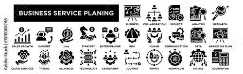 Business Service planing icon collection set. Business Plan, Team Collaboration, Project Management, Financial Analysis, Market Research