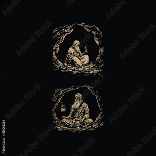 hermit sitting in cave engraving design vector template illustration