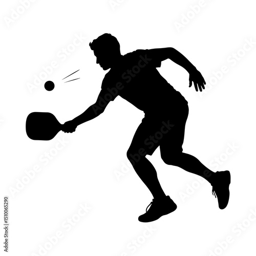 Silhouette of pickleball player striking ball with paddle, black and white sports scene