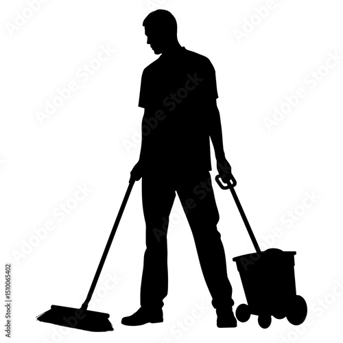 Silhouette of court maintenance staff brushing floor, black and white cleaning job