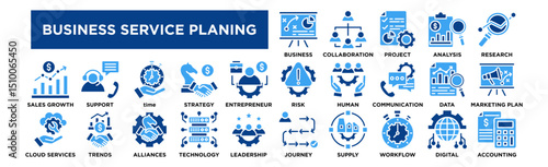 Business Service planing icon collection set. Business Plan, Team Collaboration, Project Management, Financial Analysis, Market Research