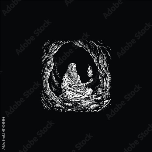 hermit sitting in cave engraving design vector template illustration