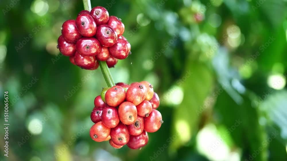 Coffee Cherry Jewels: A close-up showcases vibrant red coffee cherries, ripening on a branch, revealing the natural beauty of the coffee plant's fruit. A visual feast of nature's bounty. Coffee Cherry Jewels: A close-up showcases vibrant red coffee cherries, ripening on a branch, revealing the natural beauty of the coffee plant's fruit. A visual feast of nature's bounty.