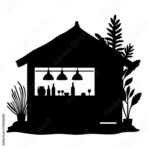 Silhouette of tiny tapas bar with plants, black and white gourmet food destination