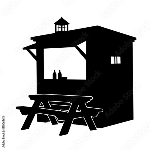 Silhouette of tiny taco shack with picnic table, black and white street food stand