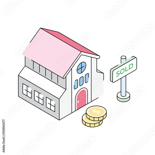 An isometric icon perfectly showing house sold status