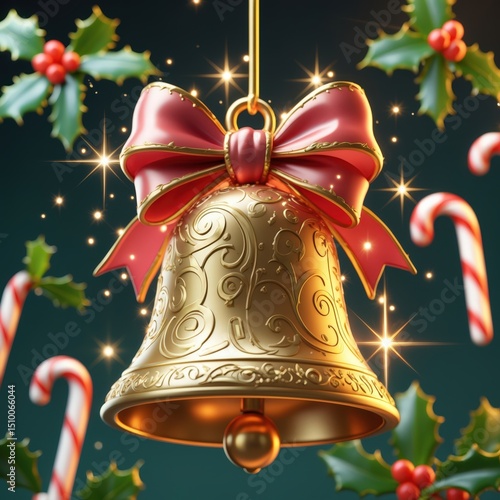 Golden Christmas bell with red ribbon and holly leaves, surrounded by candy canes and festive decorations