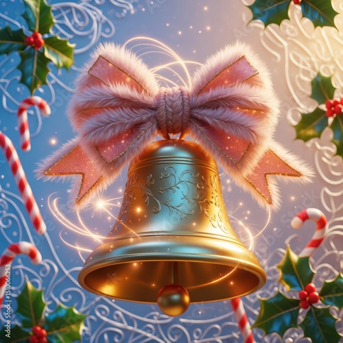 Holiday bell ornament surrounded by candy canes and festive greenery with soft lighting in winter setting