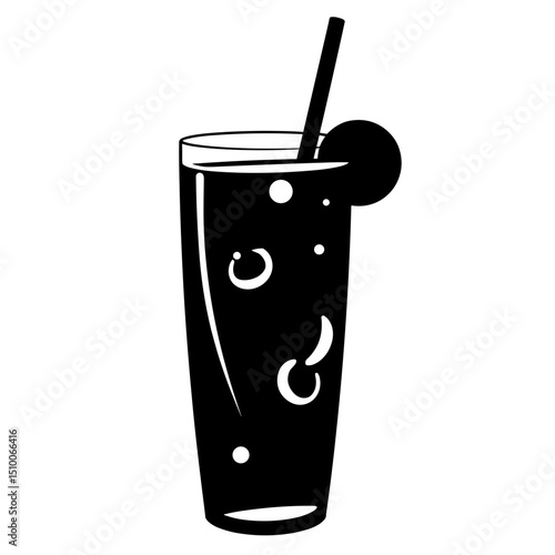 Silhouette of mocktail glass with fruit and straw, black and white summer drink