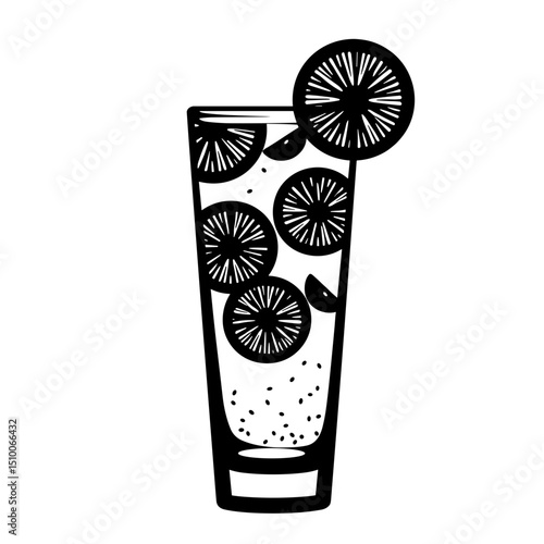 Silhouette of chia citrus mocktail, black and white summer beverage