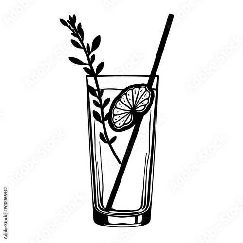 Silhouette of herbal spritzer with thyme and lemon, black and white summer drink