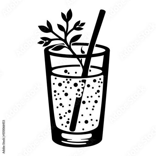 Silhouette of sparkling mocktail with herb in glass, black and white summer drink